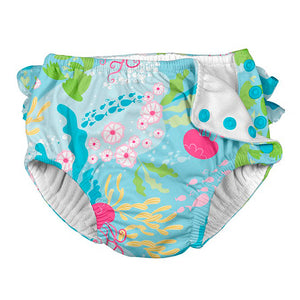 iPlay Ruffle Snap Reusable Absorbent Swimsuit Diaper - Aqua Coral Reef (24 Months) Default Title