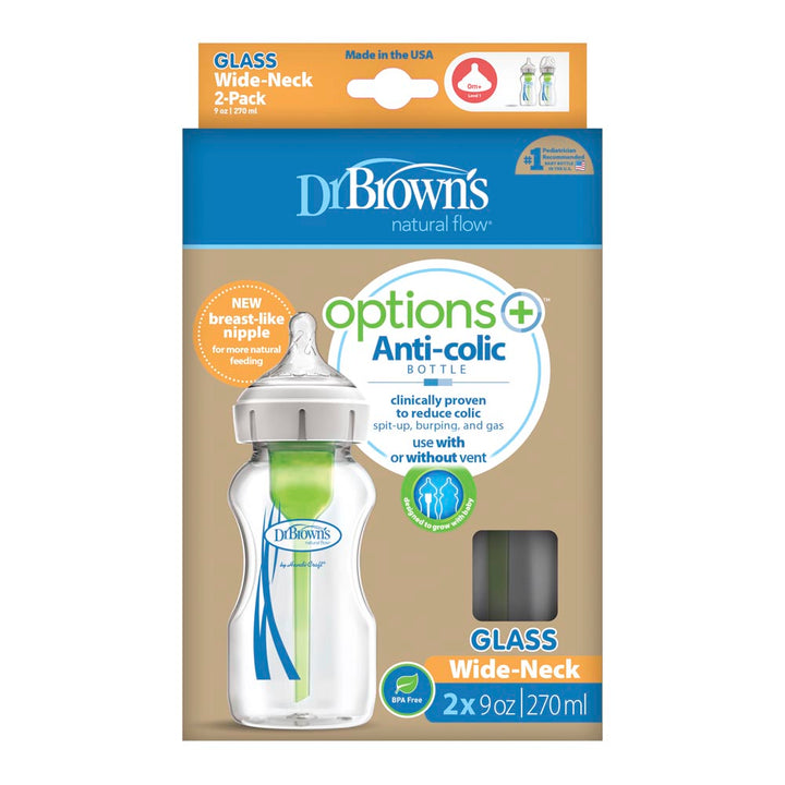 Dr. Brown's Anti-Colic Options+ 2-Pack Wide Neck Glass Baby Bottles - 9oz