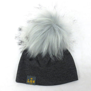 Lox Lion Single Pom Pom Bamboo Beanie - Grey with Grey Pom Poms (XS, 0-3 Months) Default Title