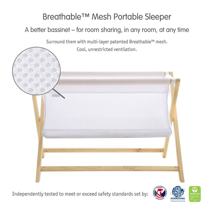 BreathableBaby Breathable Mesh Portable Bassinet - White/Beech