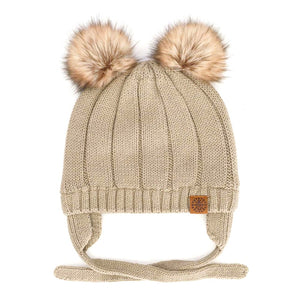 Calikids Cotton Knit Pom Pom Baby Winter Hat - Beige (Small, 3-9 Months)