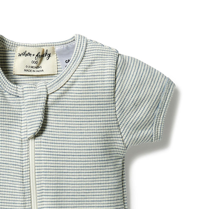 Wilson+Frenchy Organic Cotton Striped Short Sleeve Zipsuit - Bluestone (12-18 Months, 10-12 Kg)