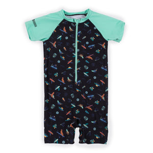 Nano One-Piece Rashguard Boys Short-Sleeve Swimsuit - Black/Teal (9-12 Months) Default Title