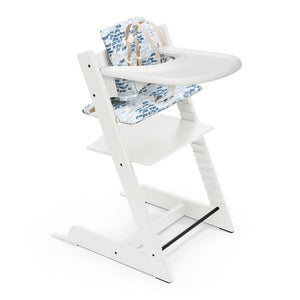 Tripp Trapp High Chair and Cushion with Stokke Tray White Waves Blue (Discontinued)