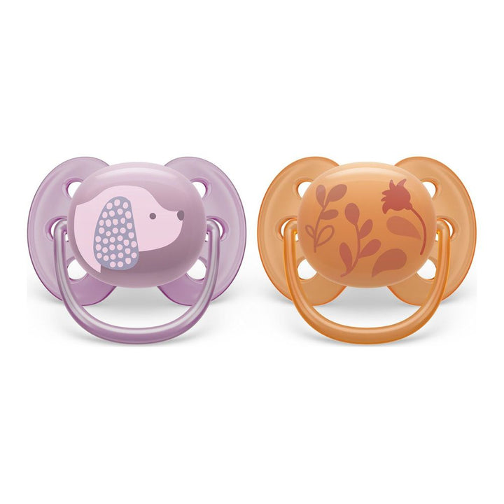 Avent Ultra Soft Pacifiers Violet Puppy + Orange Leaves 6-18 months