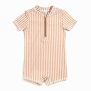 Petit Lem Short Sleeve Swim Romper in Taupe Stripes Print Taupe Stripes 3-6 Months Spring Summer 2024