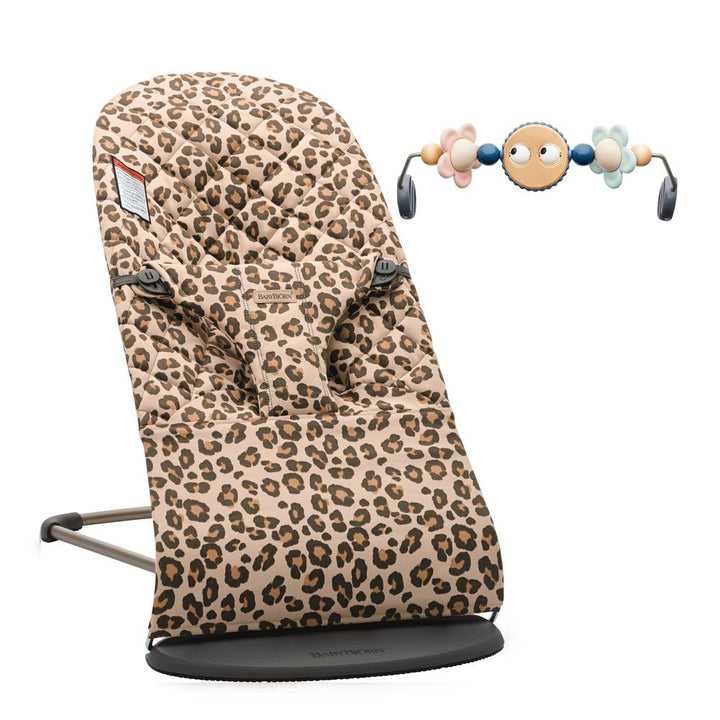 BabyBjorn Bouncer Bliss with Google Eyes Pastel Toy Bundle Classic Quilt Cotton, Beige Leopard on Dark Grey Frame (Discontinued)