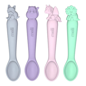 Melii 4-Pack Silicone Spoons Set Girl (French Bulldog + Cat + Unicorn + Dino)