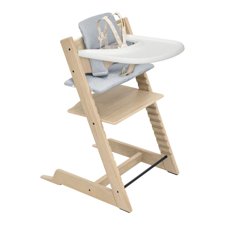 Tripp Trapp High Chair2 and Cushion with Stokke Tray Natural Oak Nordic Blue