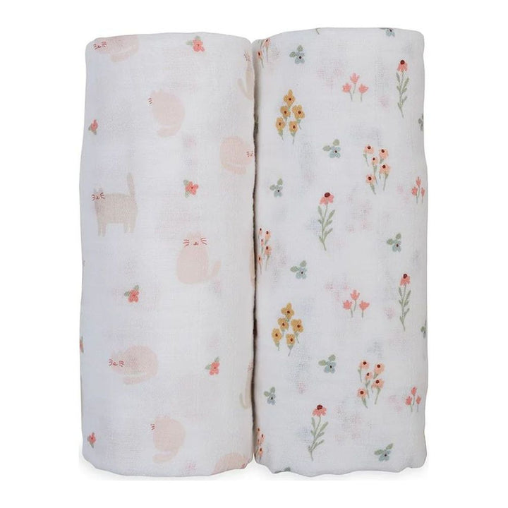 Lulujo 2-Pack Cotton Swaddles Set Kitty Cat + Flower Field