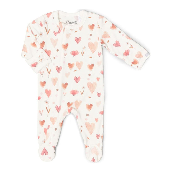 Coccoli Cotton-Modal Zippered Footie Sleeper Hearts On Cream Newborn (6-7 lbs) Fall Winter 2024