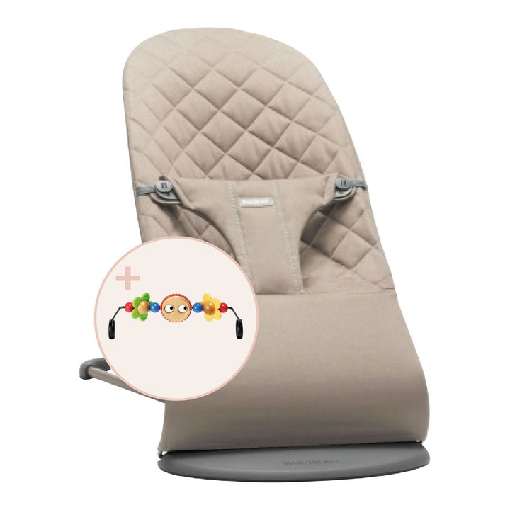 BabyBjorn Bouncer Bliss Bundle with Toy Bar Woven Quilt Sand Gray Googly Eyes