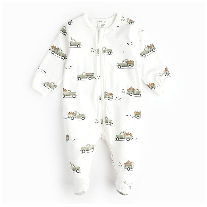 Petit Lem Organic Cotton Ribbed Footed Sleeper in Pumpkin Pick-Up Print Newborn Fall 2024