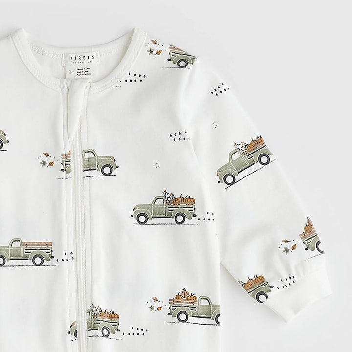 Petit Lem Organic Cotton Ribbed Footed Sleeper in Pumpkin Pick-Up Print