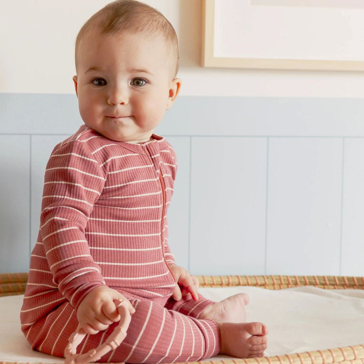 Petit Lem Organic Cotton-Modal Blend Rib Sleeper in Raspberry Striped Pattern