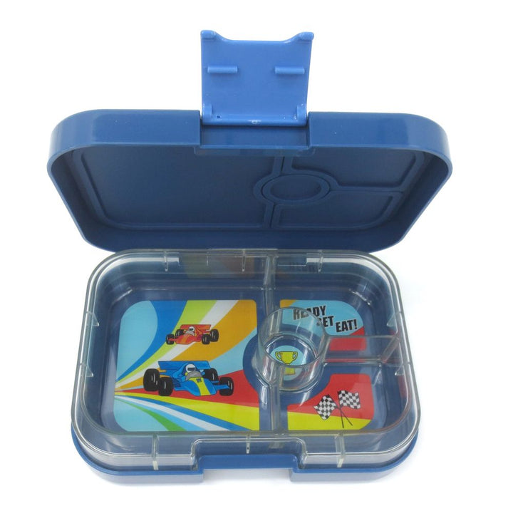 Yumbox Panino 4-Compartments Lunch Box - Monte Carlo Blue with Race Cars Tray (91288) (Open Box)