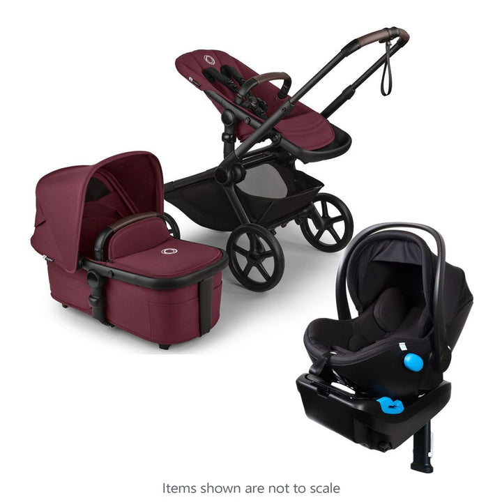 Bugaboo Kangaroo Complete Stroller + Clek Liing Infant Car Seat with Free Accessories Dark Cherry on Black Frame Railroad Ziip