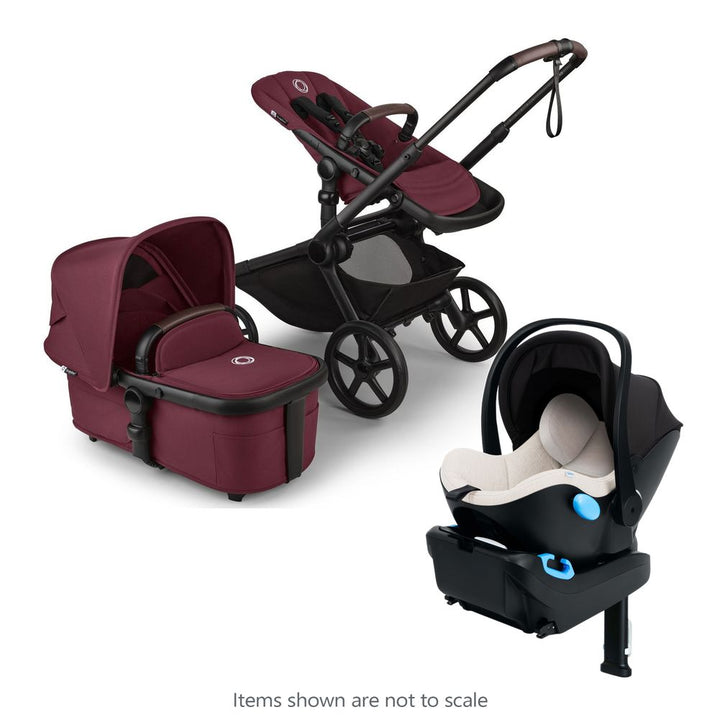 Bugaboo Kangaroo Complete Stroller + Clek Liing Infant Car Seat with Free Accessories Dark Cherry on Black Frame Marshmallow