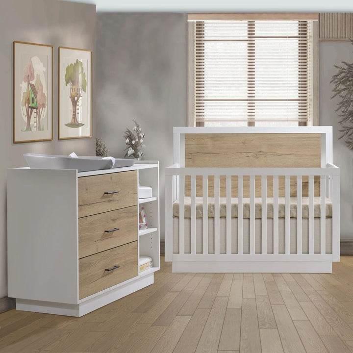 TULIP Tito Collection Crib and Dresser Pearl White Natural Barn Oak