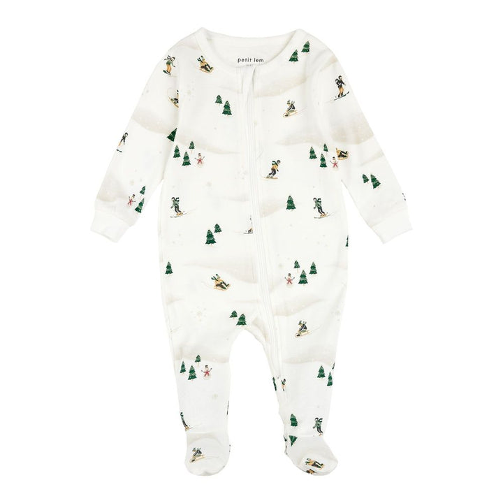 Petit Lem Organic Cotton Ribbed Footed Sleeper in Winter Fun on Off-White Winter Fun on Off-White 3 Months Holiday 2024