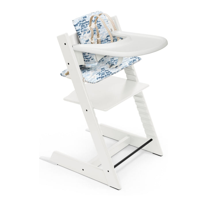 Tripp Trapp High Chair and Cushion with Stokke Tray - White with Waves Blue Cushion (92168) (Open Box) Default Title