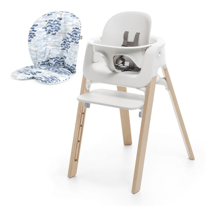 Stokke Steps High Chair with Cushion White with Natural Legs Waves Blue