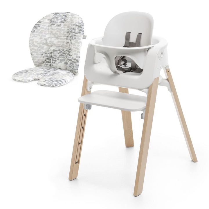 Stokke Steps High Chair with Cushion White with Natural Legs Waves Grey