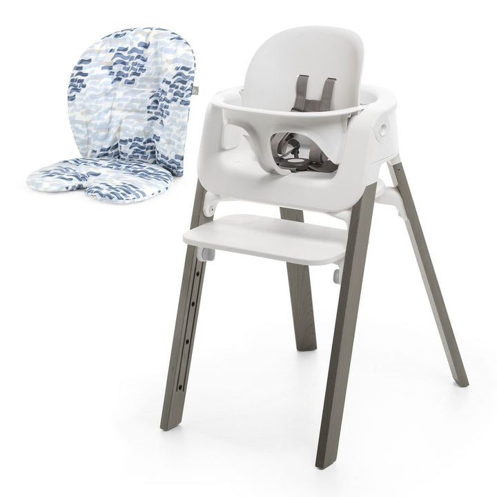 Stokke Steps High Chair with Cushion White with Hazy Grey Legs Waves Blue