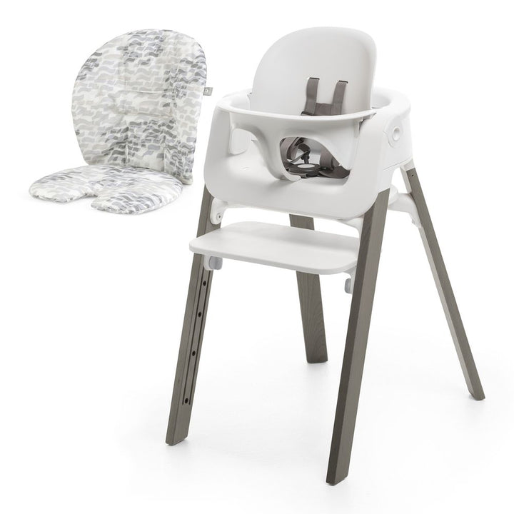 Stokke Steps High Chair with Cushion White with Hazy Grey Legs Waves Grey