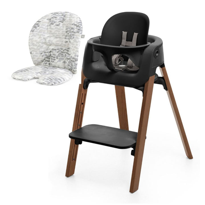 Stokke Steps High Chair with Cushion Black with Golden Brown Legs Waves Grey