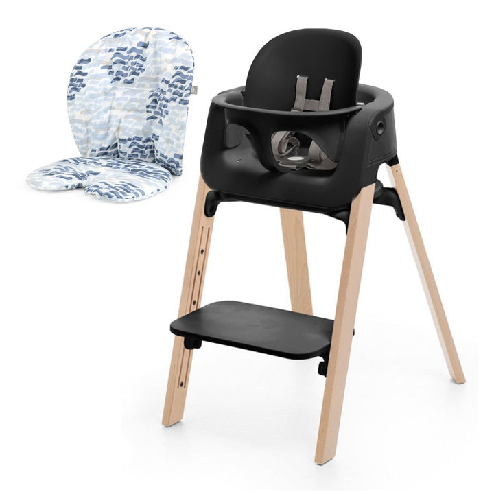 Stokke Steps High Chair with Cushion Black with Natural Legs Waves Blue