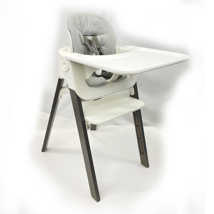 Stokke Steps High Chair Complete with Baby Set, Cushion, and Tray - White with Hazy Grey Legs (92627) (Floor Model)